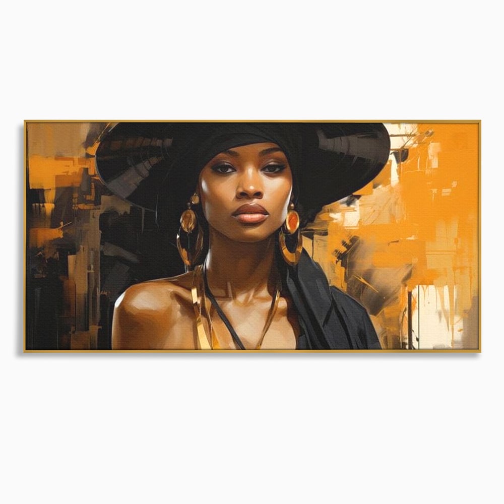 Tablou canvas cu tablou canvas cu femeie in palarie neagra, in rama de aluminiu auriu